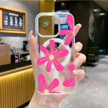 ins少女心玫红色花花适用iPhone16/17透明亚克力magsafe磁吸14/13