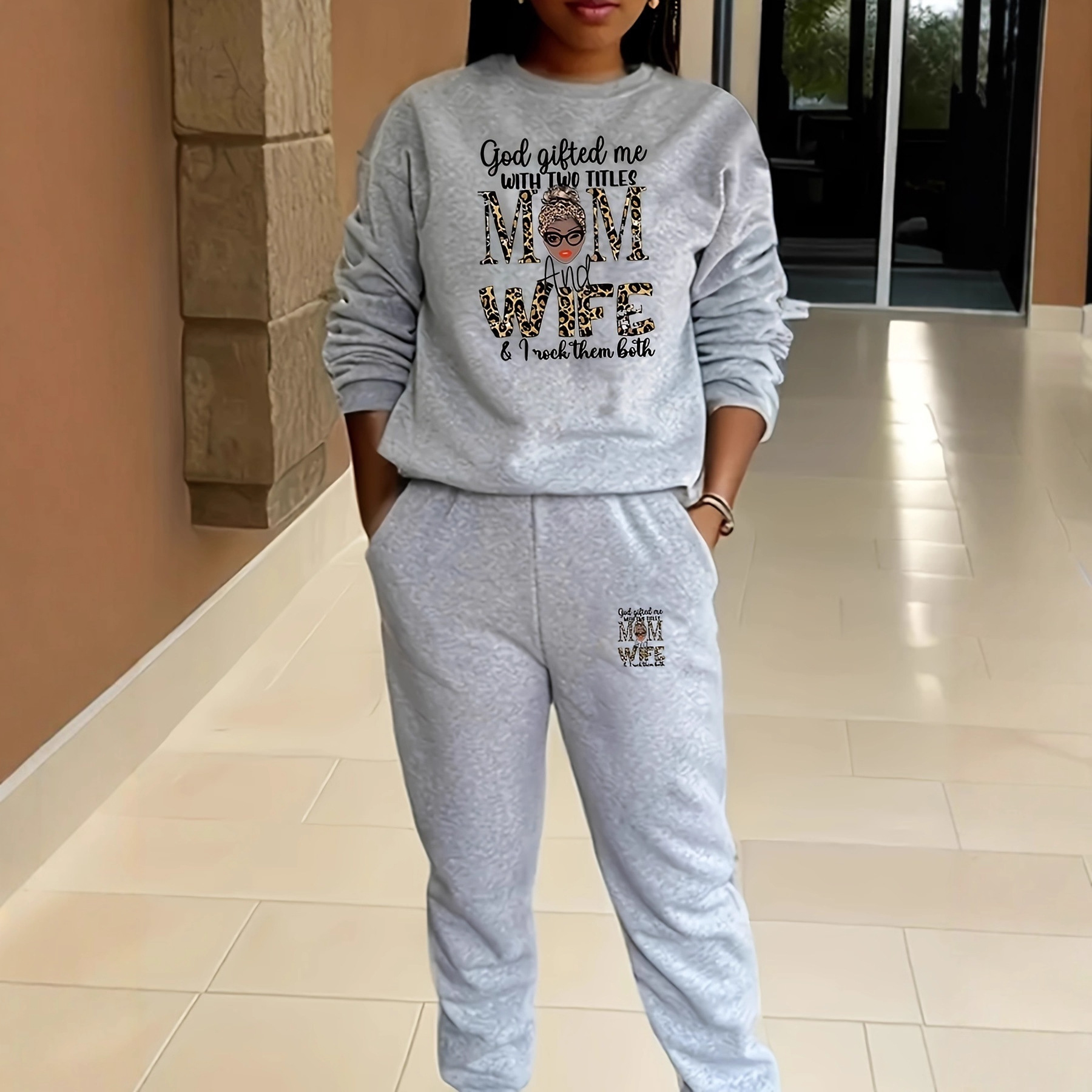 Women's Clothing Fleece Lined Two Piece Set Round Neck Casual Printed Sweatshirt Ensemble_voghion.com