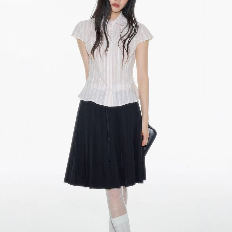 Ontherevers Design Sweet Girly Versatile Stripesd Lapel Waist Small Flying Sleeve Short-Sleeved Shirt