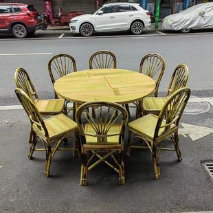 Sichuan Bamboo Furniture Handmade Bamboo Dining Table and Chairs Round Dining Table Large Round Table Farmhouse Restaurant Dining Table and Chairs Complete Set