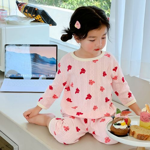 Children's pajamas summer boys and girls mid-sleeves mid-pants pure cotton breathing home clothes set ins baby air-conditioned clothes category A