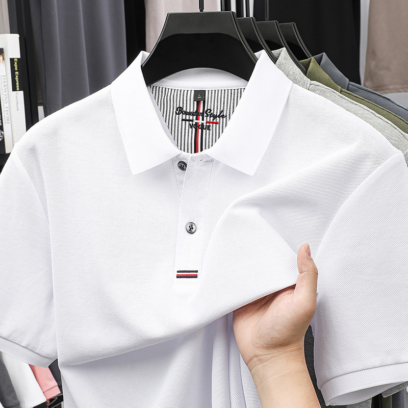 2025 新しい夏のカジュアルポロシャツメンズ無地薄い中年弾性通気性ラペルメンズ tシャツ|undefined