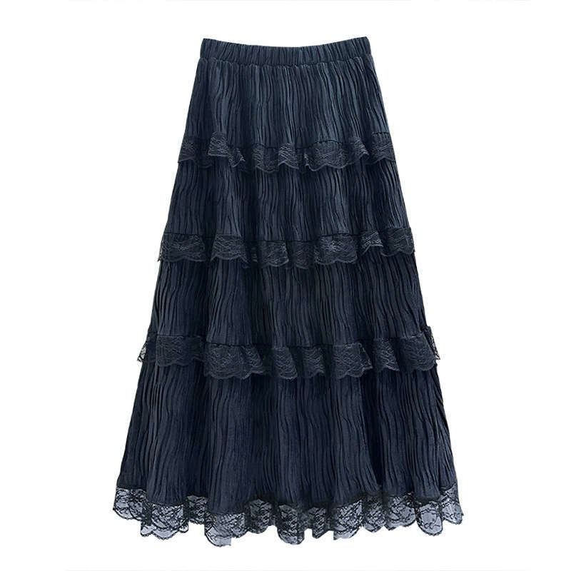 Нежная ветроустойчивая плиссированная юбка из вельвета с кружевными вставками, новинка 2025 года, однотонная юбка с эффектом водной ряби