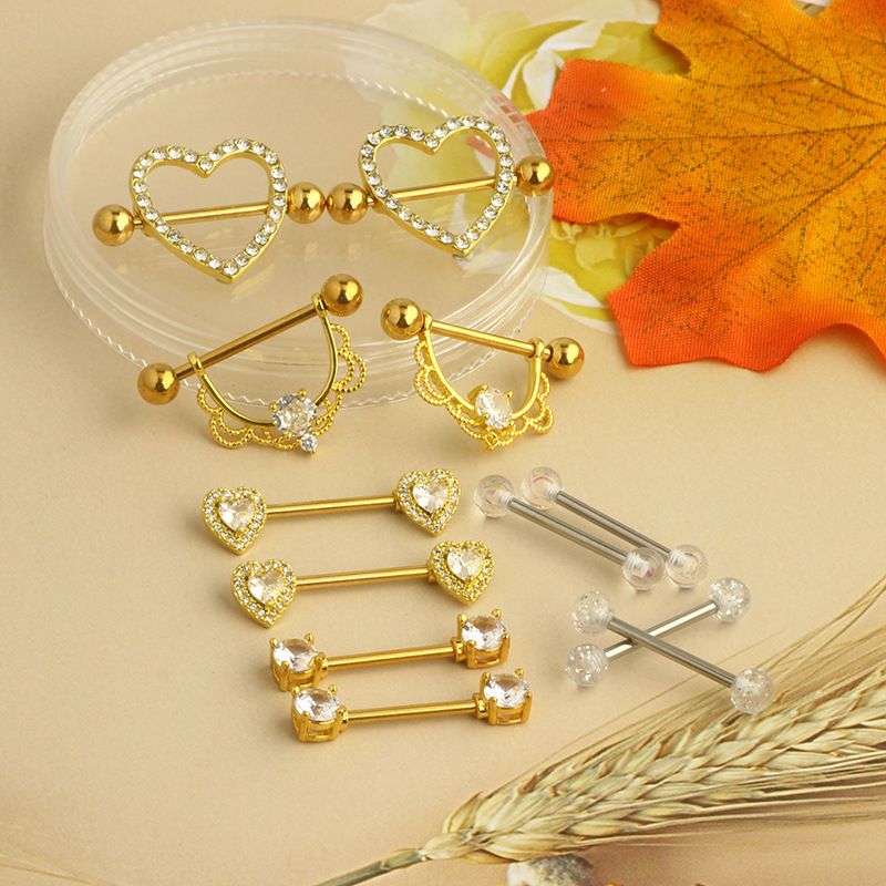 Amazon Hot Sale Stainless Steel Inlaid Zircon Breast Ring Straight Rod Love Tongue Nail Body Piercing Jewelry 12-Piece Set detail image 8