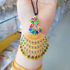 琺瑯彩繪古法孔雀吊墜中國風沙金孔雀開屏項鍊黃銅鍍金鏤空掛墜