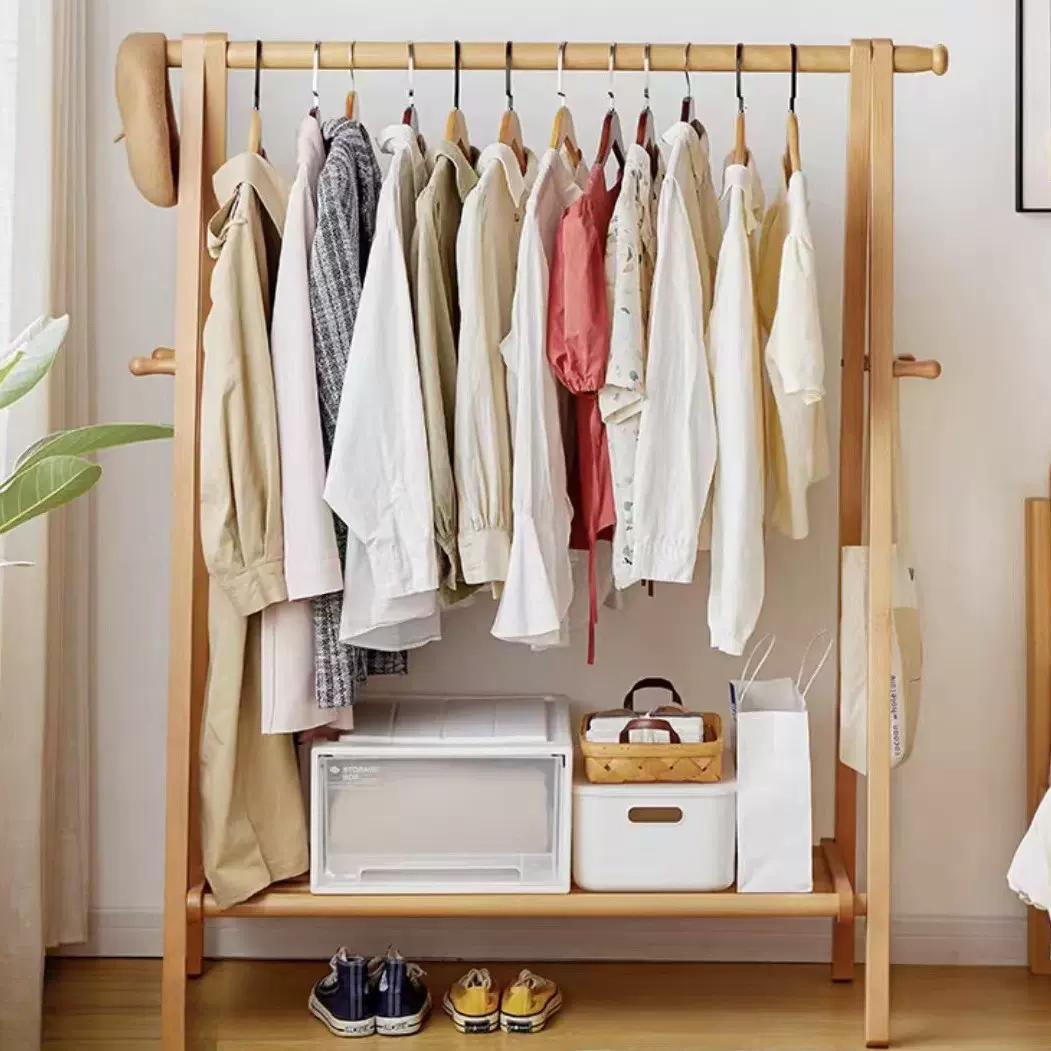 实木衣帽架落地家用挂衣架卧室房间榉木质晾衣服架室内简易立式杆