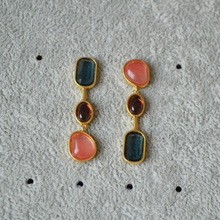 韩国东大门小众设计复古文艺简约西瓜红石头水晶925银针耳钉耳饰