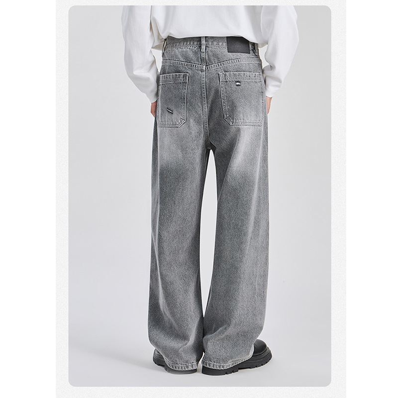 Men's High Street Jeans Trendy Sophisticated Loose Straight Leg Washed Distressed Ripped Long Pants Midweight Cotton_mkmklike.com