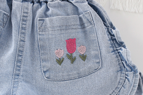 Baby Girl Summer Casual Outwear Matching Soft Denim Short Pants Summer Korean Version New Flower Bud Elastic Denim Shorts