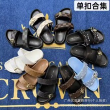 外贸L家拖鞋高版本老花字母橡胶金属扣男女同款平底一字拖鞋批发