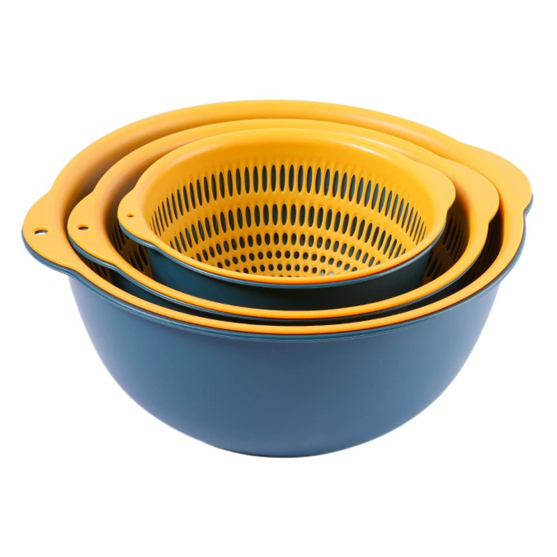 Новая контрастная цветная двухслойная корзина для слива Набор из шести предметов Пластиковая корзина для мытья овощей Умывальник для овощей Бытовая кухня Креативный фруктовый синий