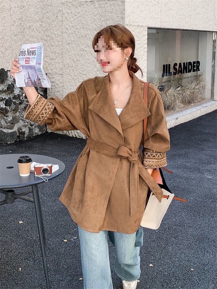 民族风刺绣麂皮绒风衣外套女春秋新款小个子收腰大衣超火