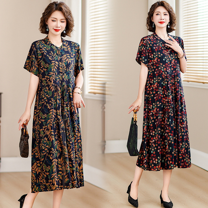 2024 Summer New Middle-aged and Elderly Women's Short-sleeved Over-the-knee Long Mother's Dress
