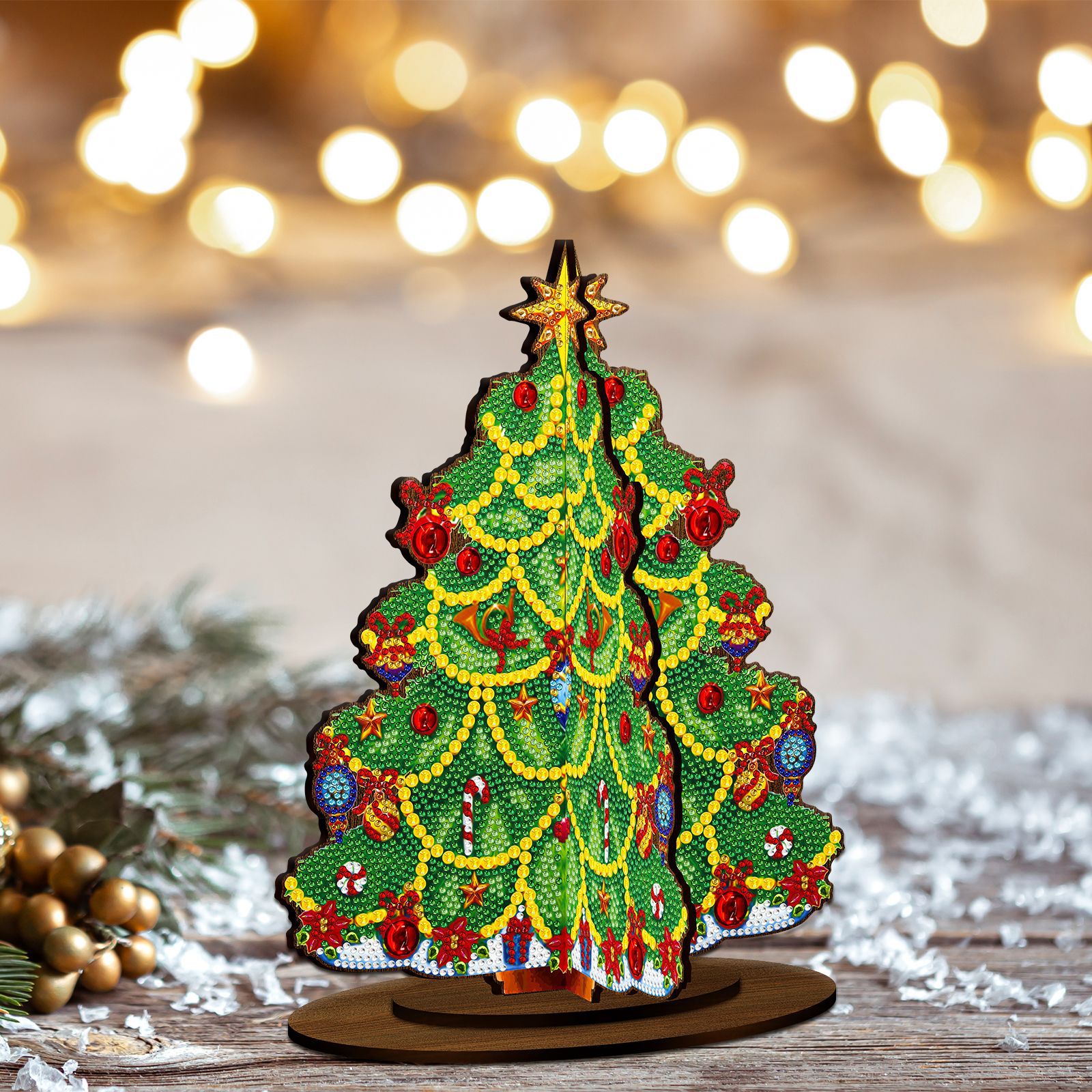 Pintura de diamante alrededor de la tarjeta de decoración del árbol de Navidad tridimensional hecha a mano pintura de diamante de madera decoración de escritorio pintura se puede personalizar