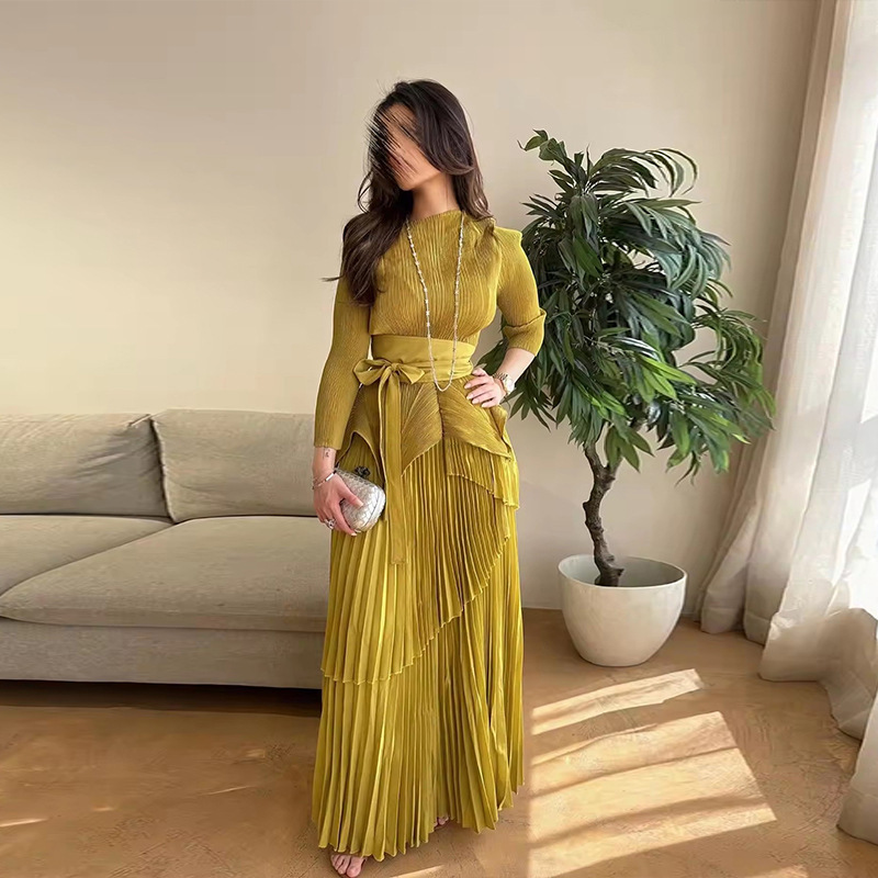 Vêtements pour femmes grande jupe cravate plissée taille haut costume deux pièces vêtements pour femmes automne nouvelle couleur unie_voghion.com