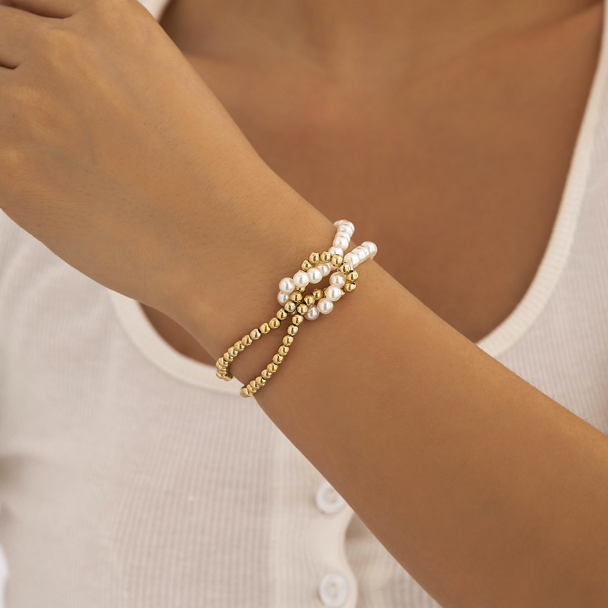 Simple Fashion Imitation Pearl Stitching round Beads Knotted Cross Geometric Resin Bracelet