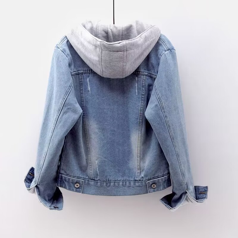 Damkläder Kort jeansjacka Kort vår- och hösttopp Långärmad smal huvjacka Mångsidiga studenttoppar_voghion.com