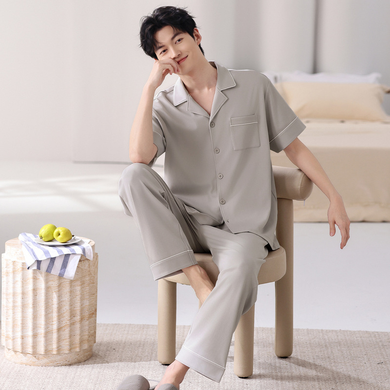 100% Pure Cotton Men's Pajamas, Summer Loose Short-Sleeved Long Pants, High-End Style, Middle-Aged Dad's Large Size Home Wear Set 100% Pure Cotton Men's Pajamas, Summer Loose Short-Sleeved Long Pants, High-End Style, Middle-Aged Dad's Large Size Home Wear Set