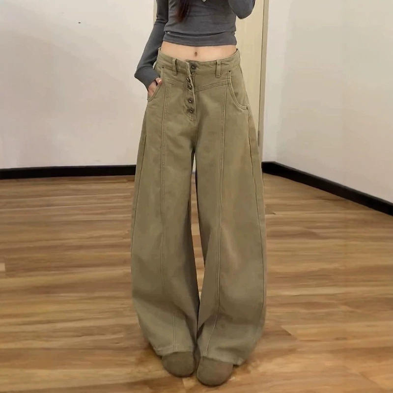 Khaki wide-leg jeans, loose straight-leg wide-leg jeans, high-waisted slimming floor-length wide-leg pants for petite women