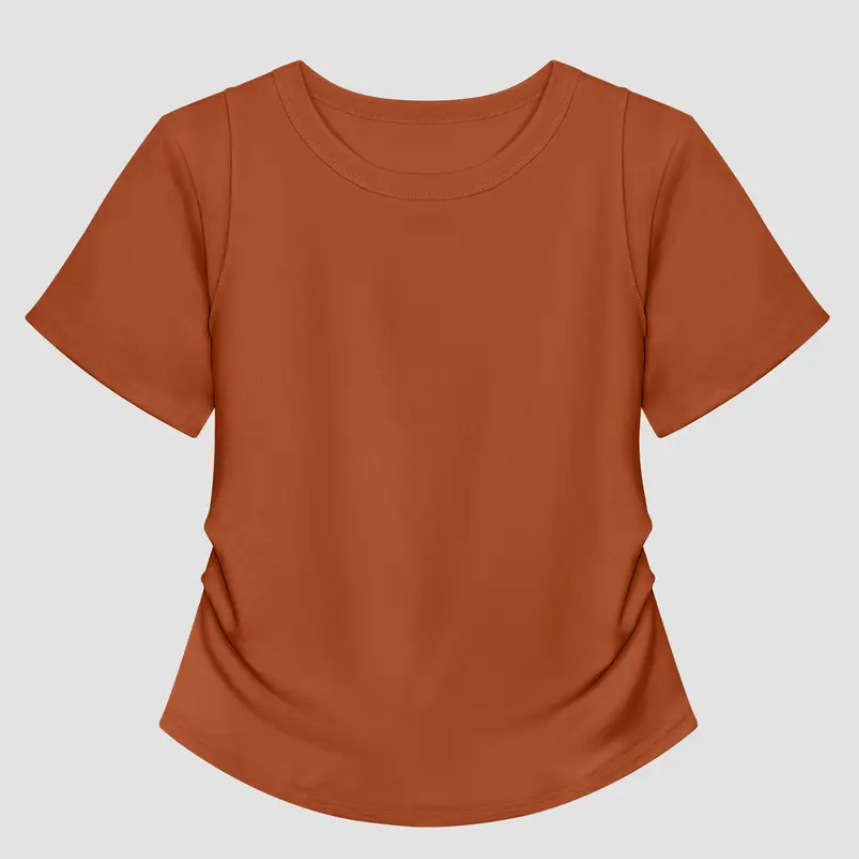 [93% Lycell Tence] Hermoso hombro, cintura pequeña, hombro recto, camiseta de color sólido, delgado, simple, casual y versátil