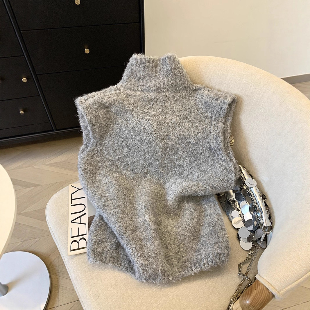 Apricot Soft Waxy Knitted Vest Cardigan for Women Autumn and Winter New Korean Style Loose Stand-Up Collar Sleeveless Sweater Vest Jacket Trendy