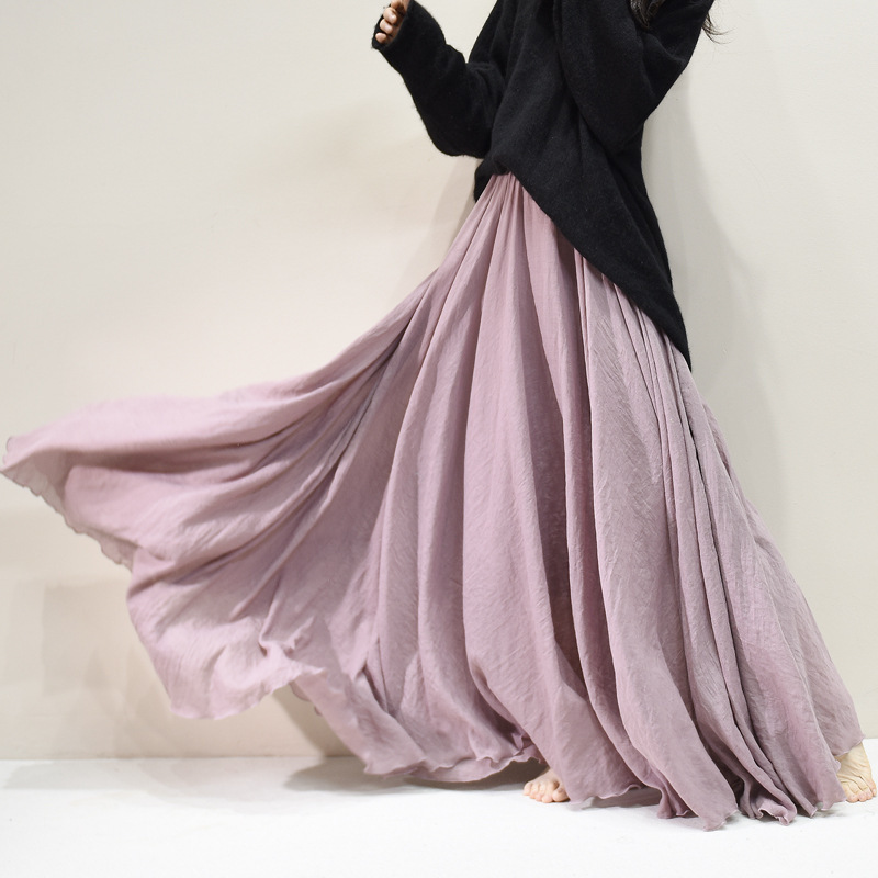 Artistic solid color cotton-linen long skirt with elastic high waist, A-line, large hem, 2026 autumn plus-size skirt Artistic solid color cotton-linen long skirt with elastic high waist, A-line, large hem, 2026 autumn plus-size skirt