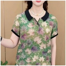 一件代发 2025中年女夏季T恤时尚翻领洋气印花气质妈妈装休闲百搭