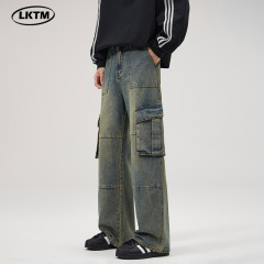 LKTMメンズ # アメリカレトロ高街水洗い多ポケット工装ズボン男性ゆったり広脚ストレートデニム長ズボン