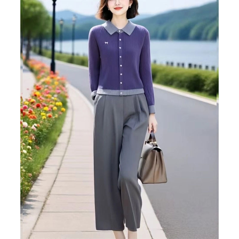 GraceChic Super Beautiful Top in maglia con risvolto viola abbinato, completo autunno 2025, pantaloni casual, set da due pezzi_voghion.com