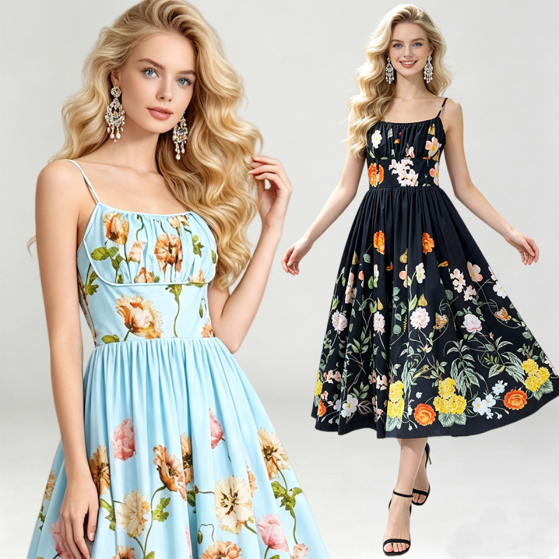 Oil-painted floral high-waisted pleated strap slim-fit dress, pleated large hem dress with elastic waist at the back Oil-painted floral high-waisted pleated strap slim-fit dress, pleated large hem dress with elastic waist at the back