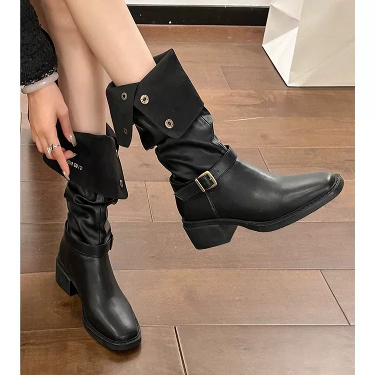 Leather retro high boots platform, belt, denim buckle