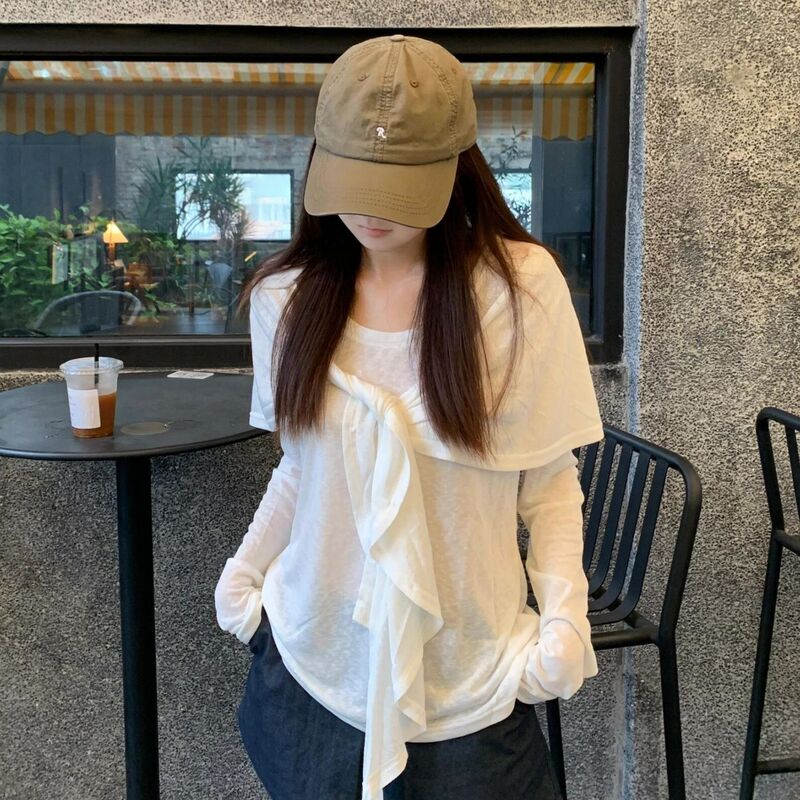 White Shawl T-Shirt Two-Piece Set for Women in Autum Korean Style Lazy and Relaxed Feeling Super Nice Sun Protection Blouse Long-Sleeved Top White Shawl T-Shirt Two-Piece Set for Women in Autum Korean Style Lazy and Relaxed Feeling Super Nice Sun Protection Blouse Long-Sleeved Top