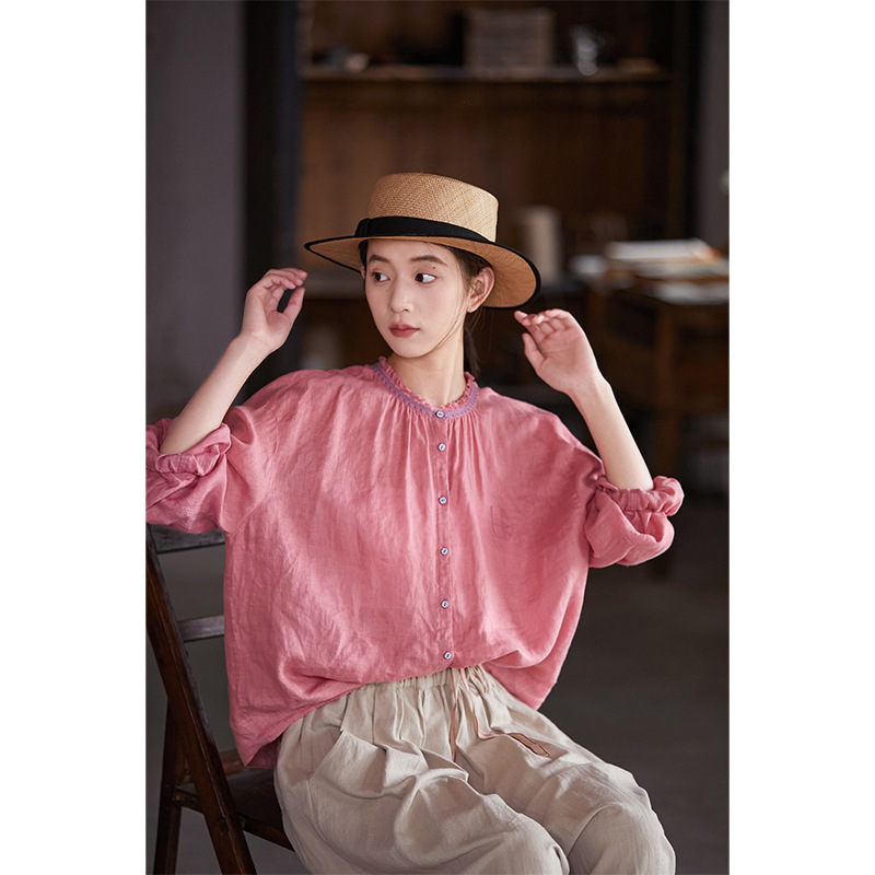 Summer Artistic Vintage Original Women's Sakura Pink Linen Lightweight Lace Shirt Round Neck Loose Blouse