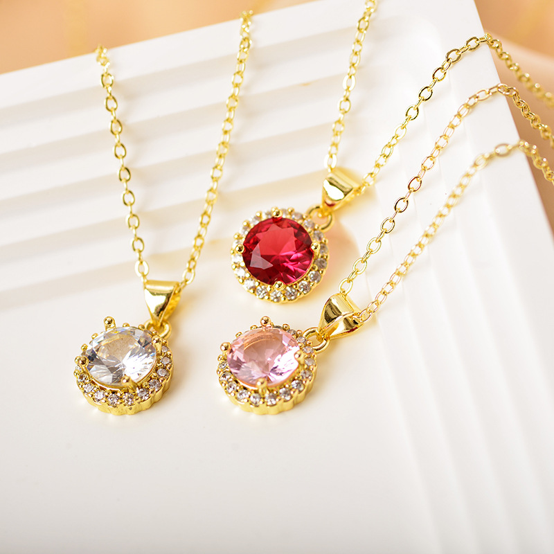 Sweet Round Copper Gold Plated Artificial Rhinestones Pendant Necklace 1 Piece