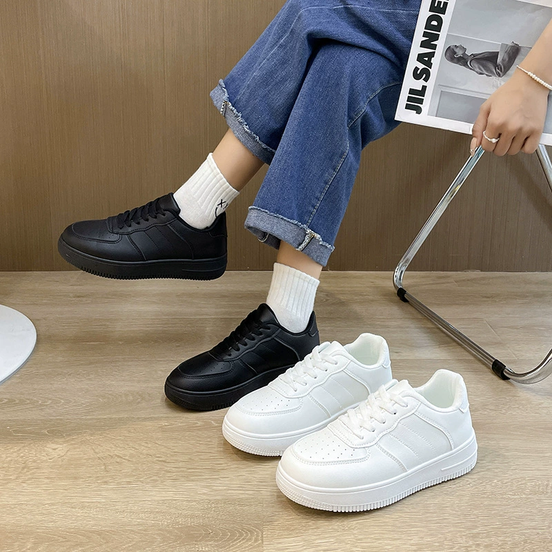 Foreign Trade Small Black Shoes for Women 2023 New Spring & Fall White Shoes Air Force One Leather Casual Sneakers Versatile Thick-Soled Shoes