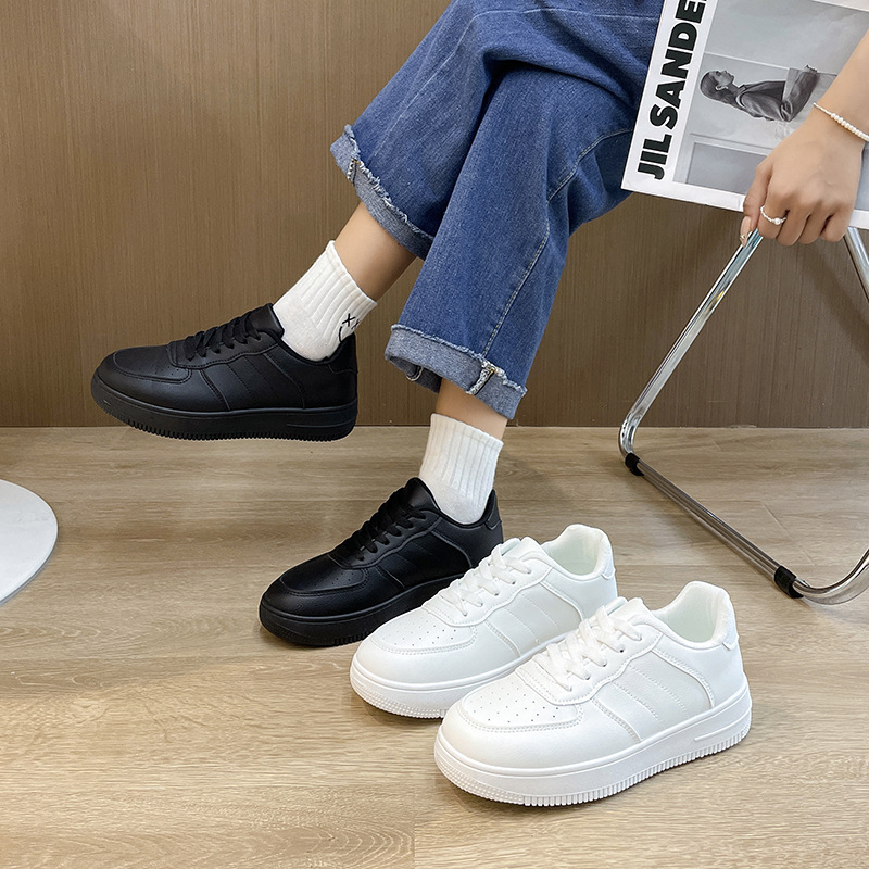 Foreign Trade Small Black Shoes for Women 2023 New Spring & Fall White Shoes Air Force One Leather Casual Sneakers Versatile Thick-Soled Shoes