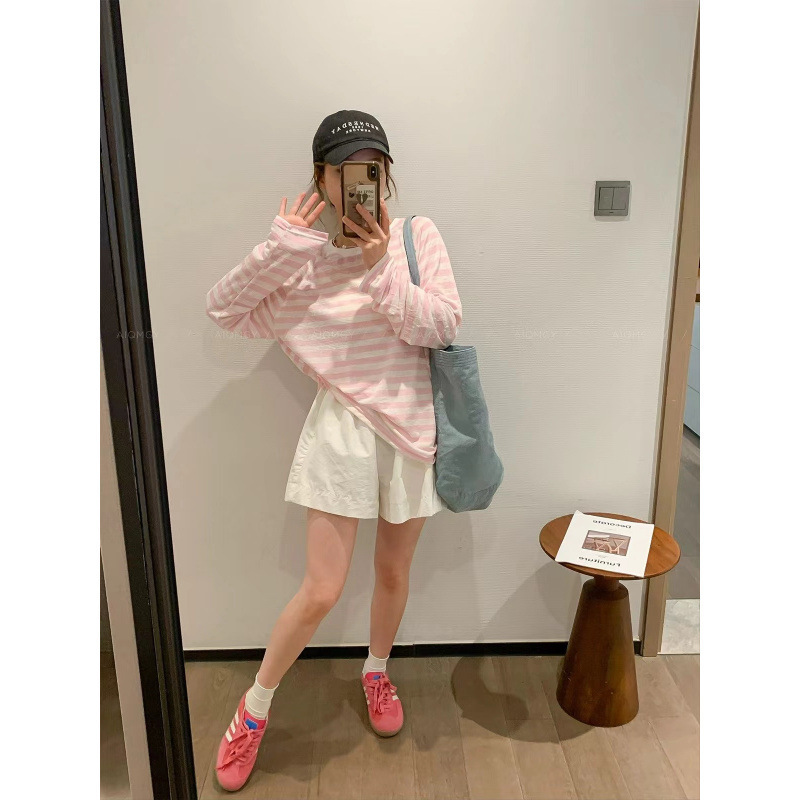 薄いアイスシルク長袖 Tシャツトップス女性のための 2025 新しいホットスタイル夏ルーズレイジーストライプ日焼け止めシャツブラウス|undefined