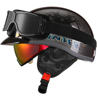 Motosiklet kaskı (dəbilqə) – Retro Motorcycle Helmet Leather Helmet for - bright-gray-devil-hunter-aurora-red-mirrorsquare-retro-mirror-m