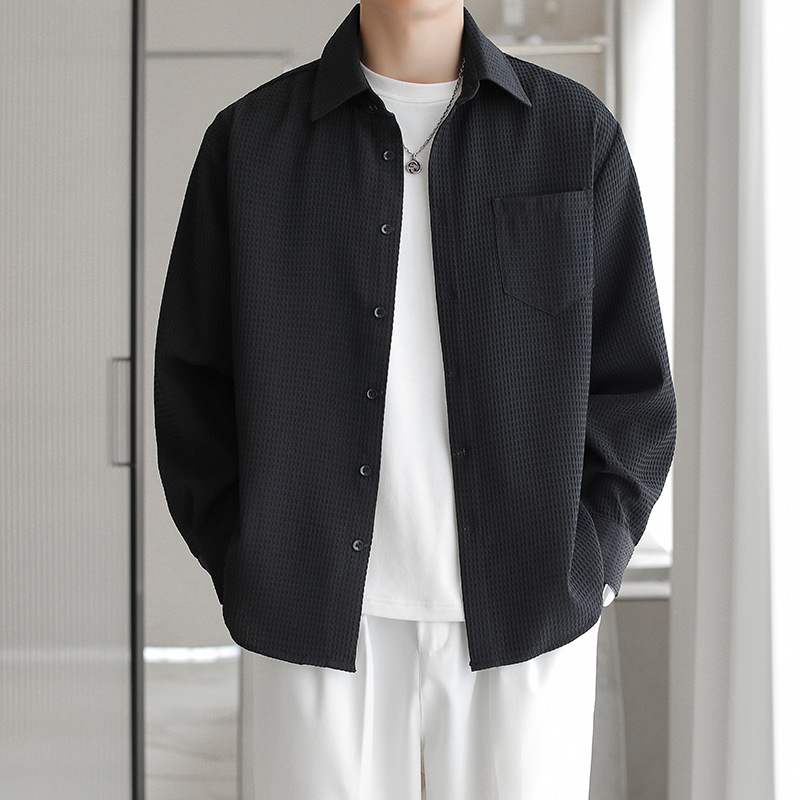 Versión coreana de la camisa de textura para hombres, estilo ligero cocido, suelto, manga larga, suave, ceroso, transpirable, camisa fresca, ropa de trabajo de moda, camisa de pulgadas, marea