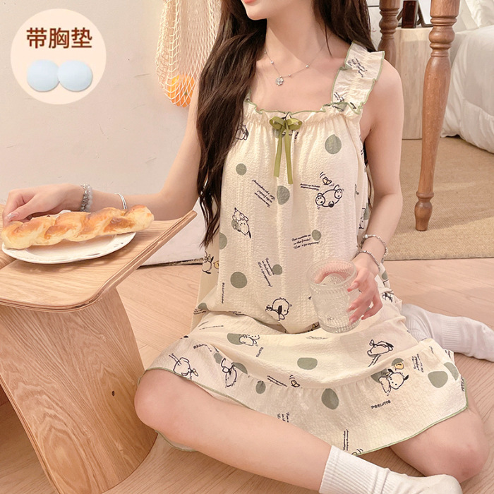 2024 pijama de verano burbuja arrugado ancho cinturón pijama para mujeres cojín de pecho fresco in viento estudiante ropa de hogar