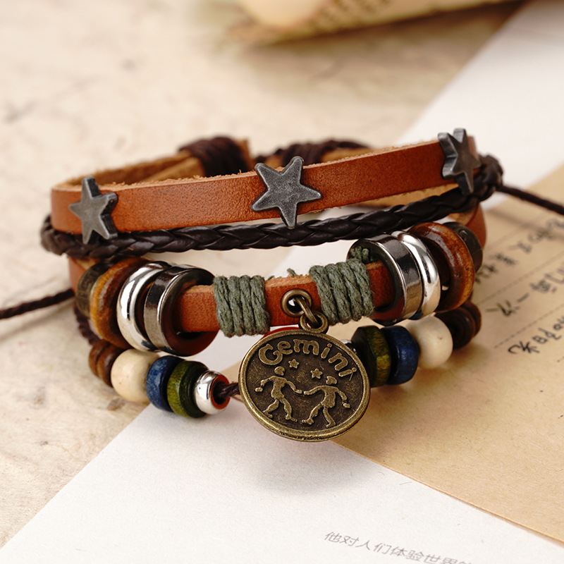 Twelve Constellation Bracelet Red Agate Bracelet Punk Vintage Women and Men's Rivet Jewelry Korean Unique Multi-layer