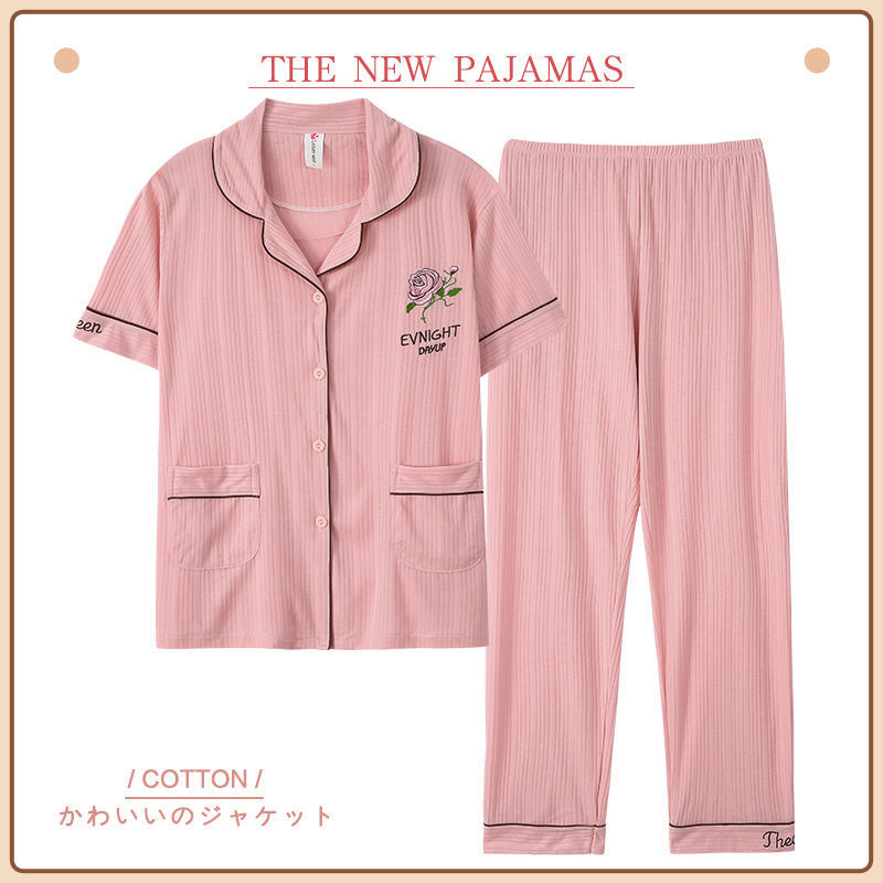 Pijamas de mujer de verano de algodón de manga corta pantalones de solapa de verano de las mujeres delgadas homewear traje
