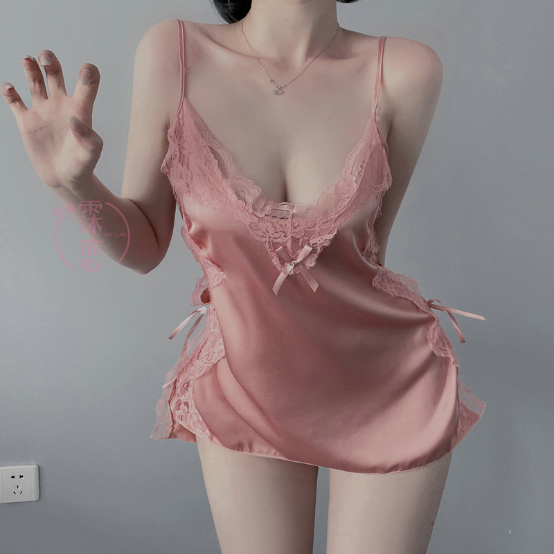 Amor sexy Lencería dividida Correa hueco-fuera sexy camisón satén gasa seductora Falda corta traje de encaje