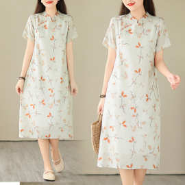 实拍 中国风苎麻旗袍2025夏季新款碎花a字显瘦气质立领棉麻连衣裙