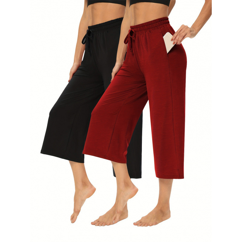 2025 New Cross-Border European and American Style 2-Piece Women's High-Waisted Wide-Leg Capri Pants (Polyester)