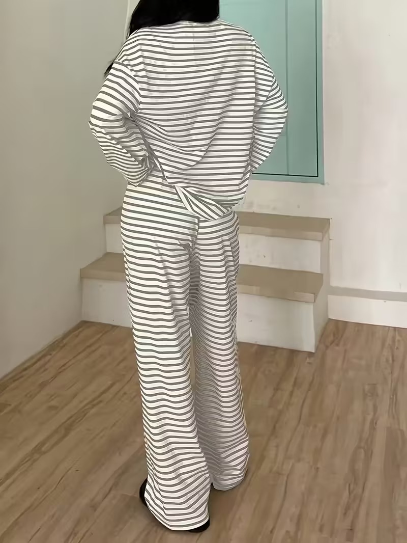 Women's Clothing Popular Striped Long-sleeved Top High-waisted Trousers Women's Fashion Casual Suit_ecoleips.com