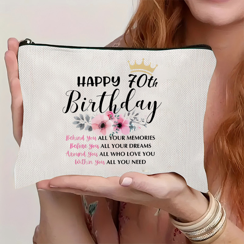 Bolso de maquillaje transfronterizo para mujer de Amazon, bolsa de maquillaje de cumpleaños de 70 años, bolsa de almacenamiento, bolsa de lino impermeable con cremallera