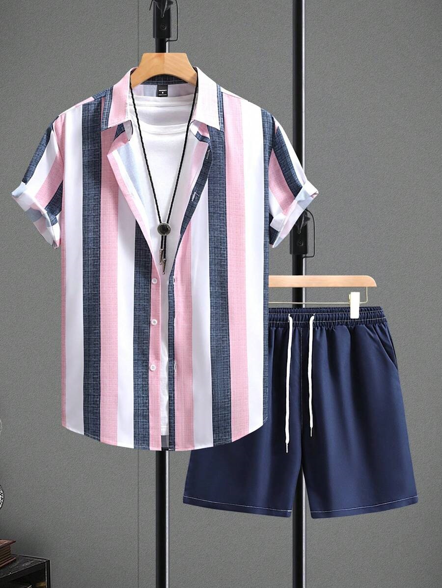 Sencillo contraste color rayas impresión 3D transfronterizo Xiyin venta caliente verano hawaiano vacaciones camisa pantalones cortos traje