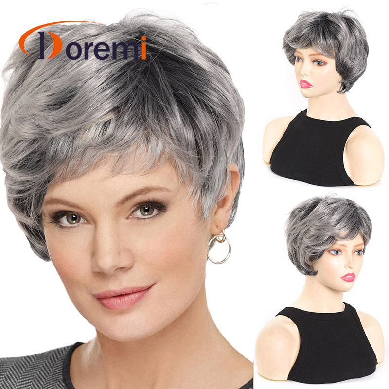 parrucca da donna capelli corti e ricci nonna mezza età copricapo 10CM fibra chimica sintetica capelli corti e ricci_voghion.com