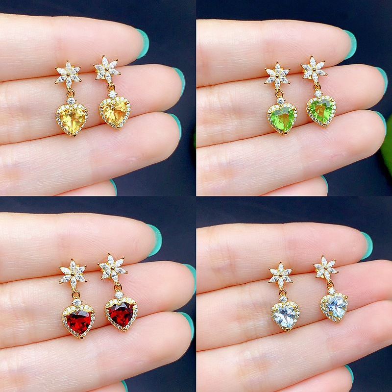 New S925 Silver Heart-Shaped Earrings Inlaid with Various Natural Colored Gemstones, Beautiful and Exquisite, Light Luxury, Unique and Elegant, Available for Live Sales